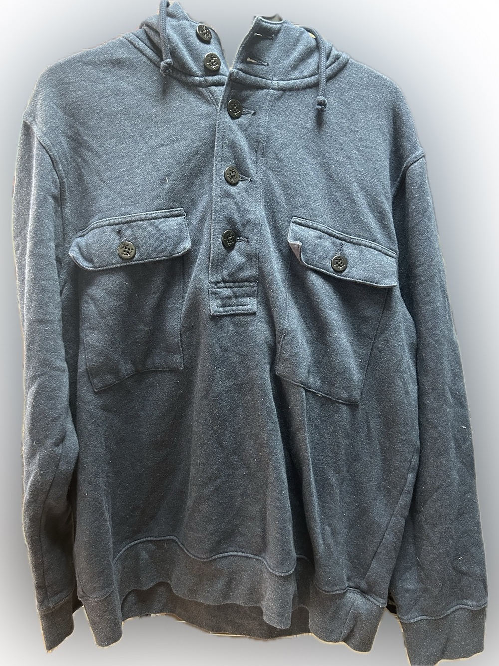 J.Crew Men’s Blue Fleece Button Neck Hoodie Utility Pockets Casual Nautical